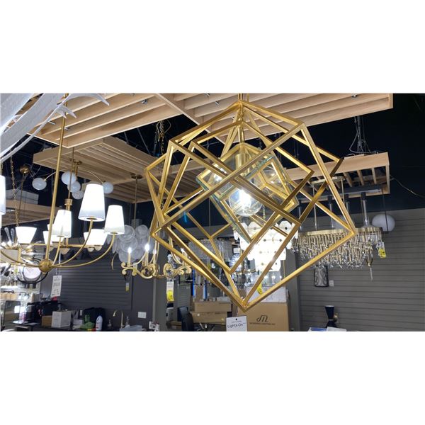 CUBIS SINGLE LIGHT CHANDELIER. GILD FINISH AND CLEAR BEVELED GLASS. 24"D RETAIL $2450