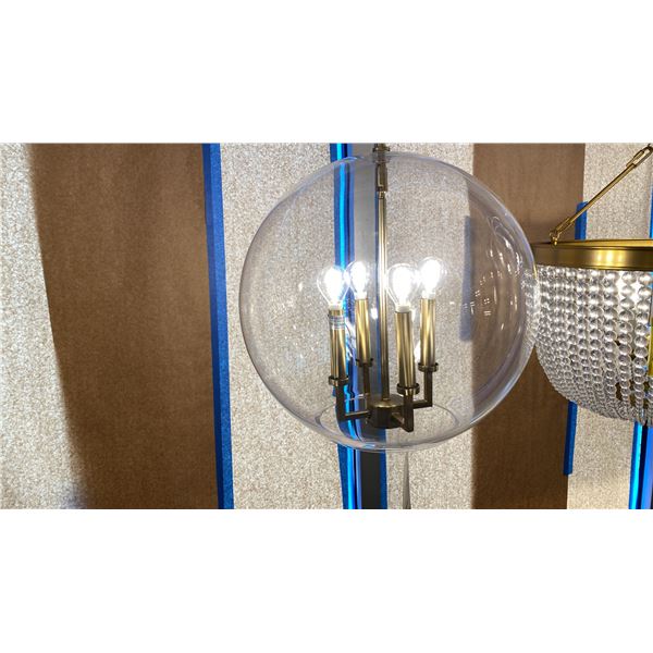 4 LIGHT PENDANT. AGED BRASS. 17" GLASS GLOBE. RETAIL $800