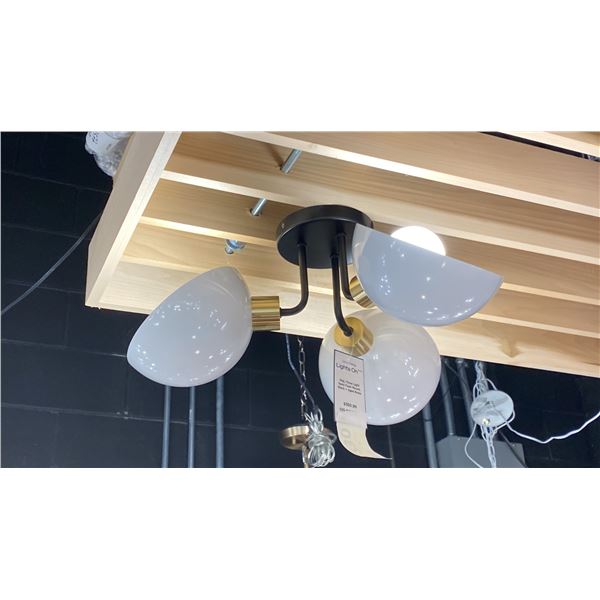 GIGI 3 LIGHT SEMI FLUSH. BLACK AND AGED BRASS, WHITE HALF GLOBES. 22" ACROSS