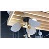 Image 1 : GIGI 3 LIGHT SEMI FLUSH. BLACK AND AGED BRASS, WHITE HALF GLOBES. 22" ACROSS
