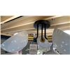Image 2 : GIGI 3 LIGHT SEMI FLUSH. BLACK AND AGED BRASS, WHITE HALF GLOBES. 22" ACROSS