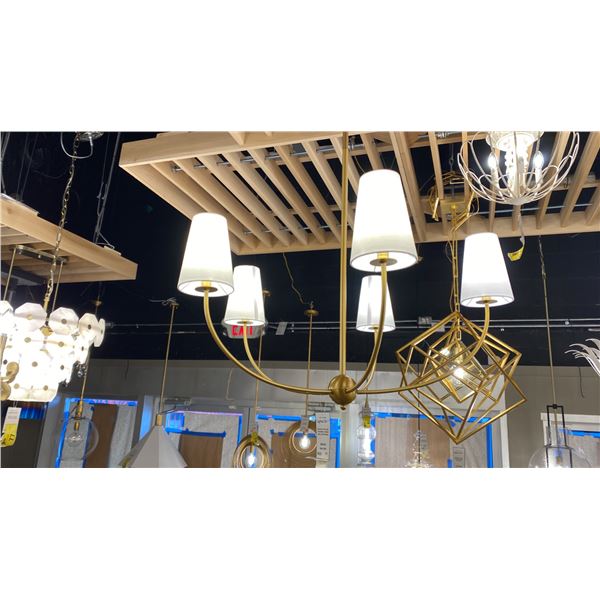 SHANNON 5 LIGHT CHANDELIER. RUBBED BRASS WHITE SHADE.