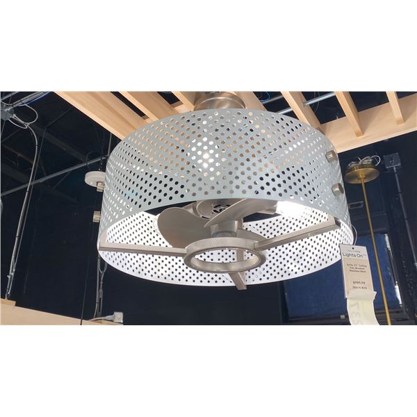 EYRIE 13" CEILING FAN. BRUSHED STAINLESS AND WHITE, 3 LIGHTS. 23"D. RETAIL $1000
