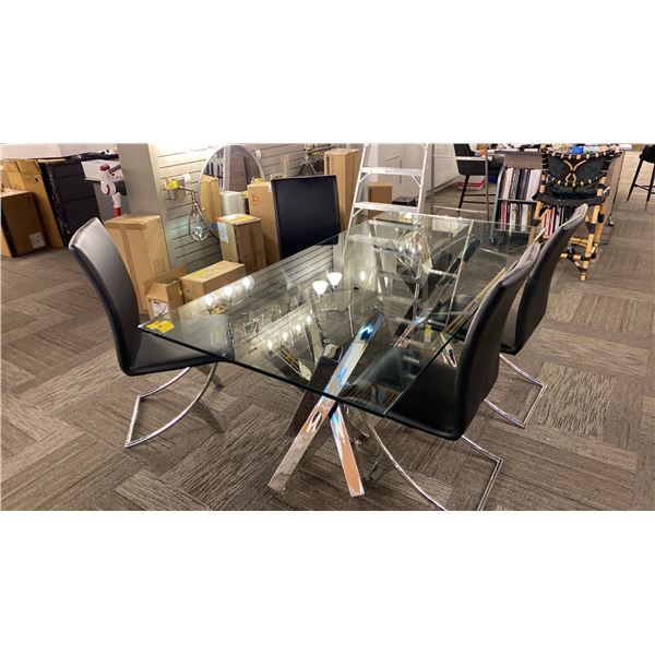 GLASS DINING TABLE WITH 4 CHAIRS. 79" X 39". GLASS TOP HAS SOME SCRATCHES