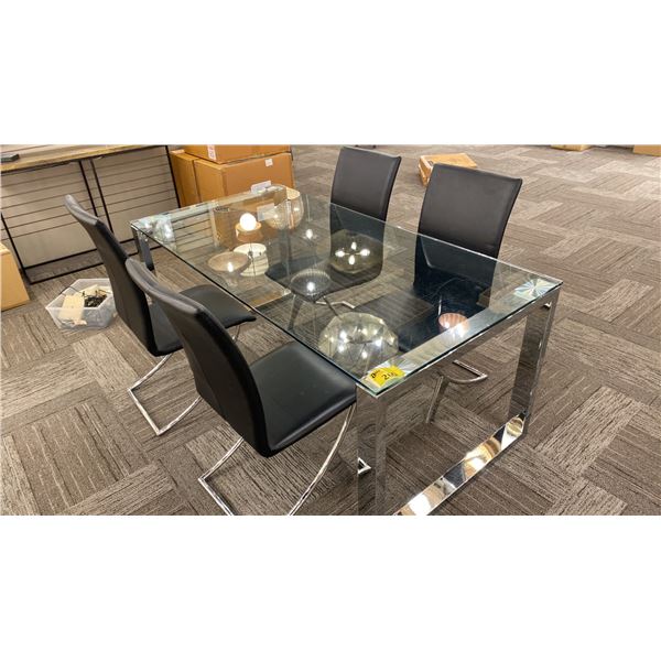GLASS DINING TABLE WITH 4 CHAIRS. 71" X 35". GLASS TOP HAS SOME SCRATCHES.