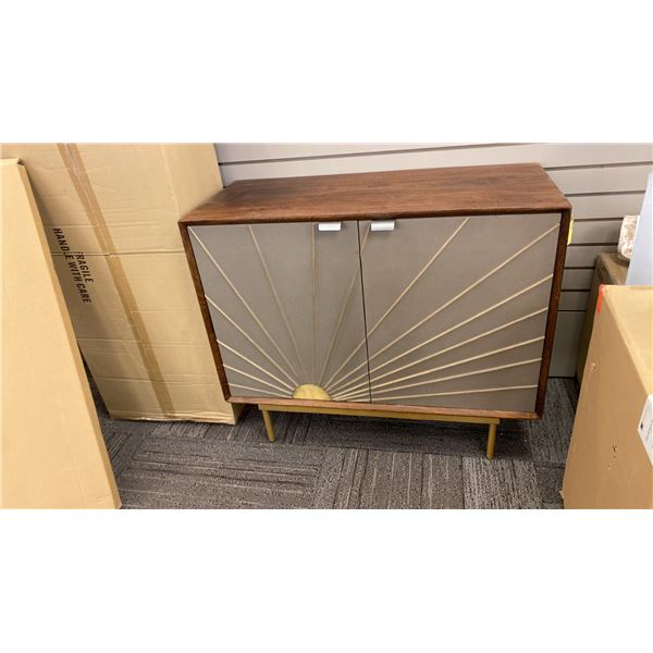 SUNBURST STORAGE CABINET. WALNUT FINISH, BEAUTIFUL ACCENTS. 36"X16"X29"H