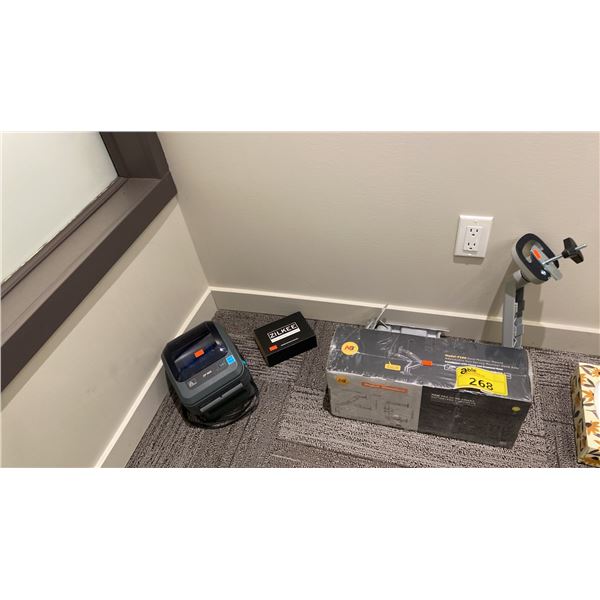 GROUP OF OFFICE ACCESSORIES. DUAL MONITOR MOUNT. SINGLE MONITOR MOUNT. ZEBRA ZP505 PRINTER.