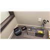 Image 1 : GROUP OF OFFICE ACCESSORIES. DUAL MONITOR MOUNT. SINGLE MONITOR MOUNT. ZEBRA ZP505 PRINTER.