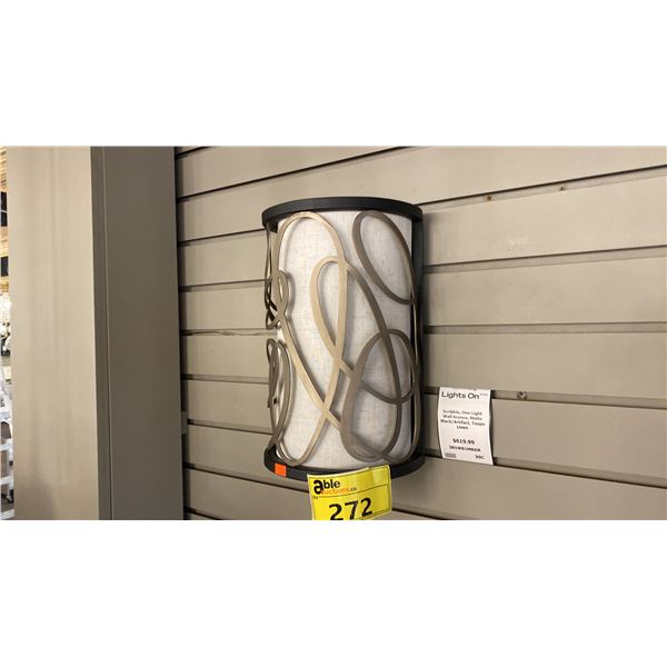 PAIR OF SCRIBBLE SINGLE LIGHT WALL SCONCES. MATTE BLACK, ARTIFACT, TAUPE LINEN. ONE IN BOX. RETAIL