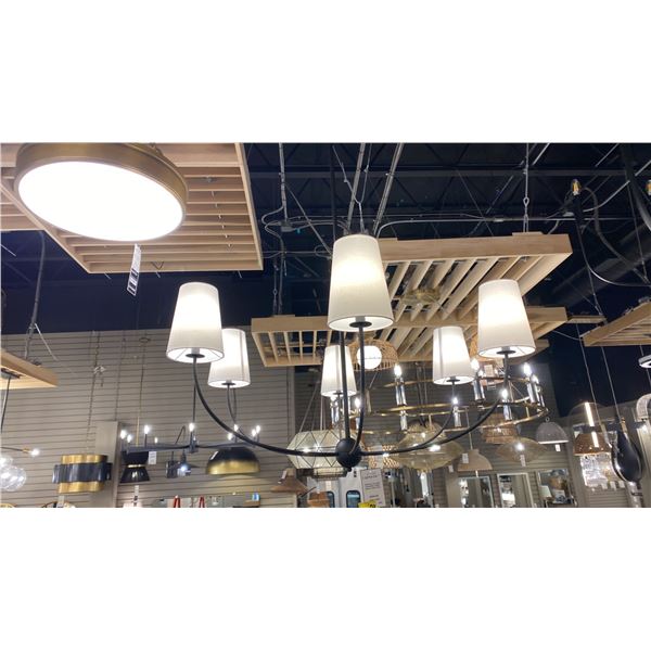 SHANNON 6 LIGHT CHANDELIER. MATTE BLACK, WHITE GLASS.