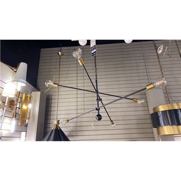 AXLE 6 LIGHT PENDANT. BLACK AND BRASS. 50" ACROSS