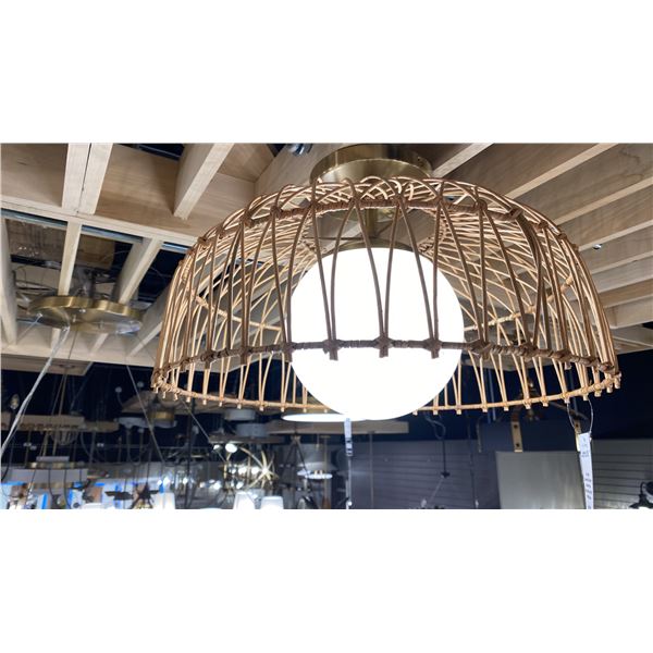 SINGLE LIGHT CONVERTIBLE PENDANT OR SEMI FLUSH. NATURAL BRASS, WHITE ETCHED GLASS