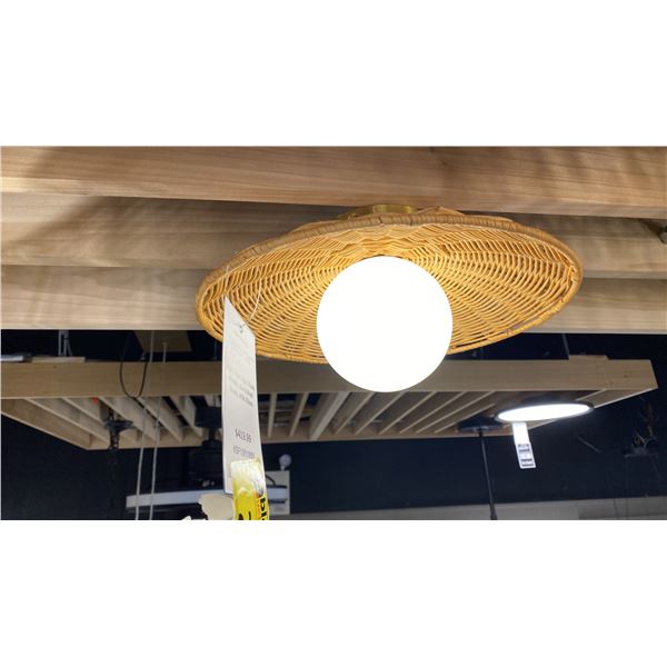 MARI SINGLE LIGHT FLUSH MOUNT. BURNISHED BRASS, MILK GLASS, RATTAN