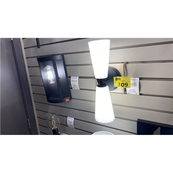 PAIR OF 2 LIGHT WALL SCONCES. MATTE BLACK, WHITE FLUTED GLASS. RETAIL $680