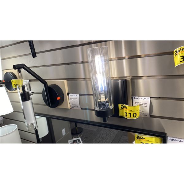 GROUP OF 3 BRADEN 1 LIGHT WALL SCONCE. IRON WITH CLEAR RIBBED GLASS. $540