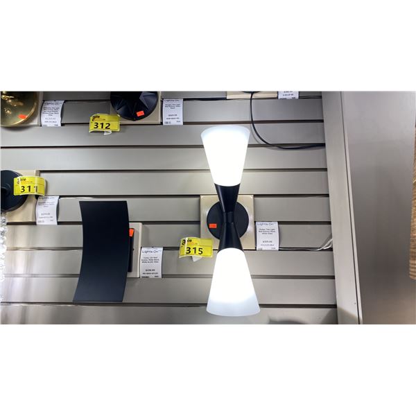 PAIR OF PARKER 2 LIGHT WALL SCONCES. BLACK, WHITE GLASS. 17"H RETAIL $600
