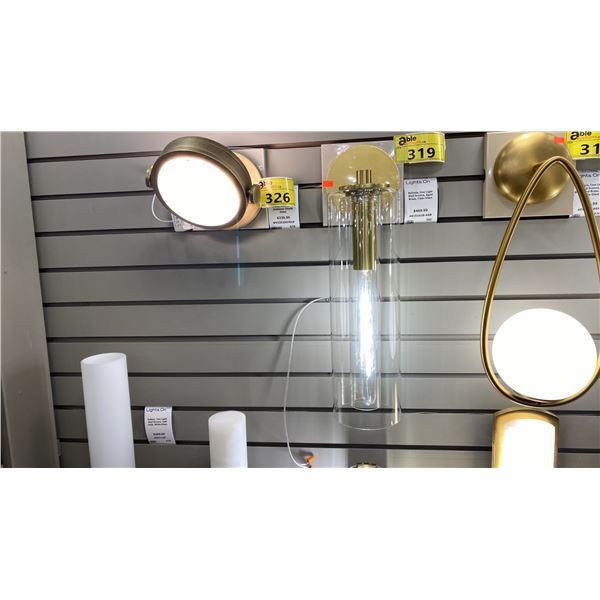 PAIR OF MITZI BELINDA SINGLE LIGHT WALL SCONCES. AGED BRASS, CLEAR GLASS. 19"H RETAIL $940