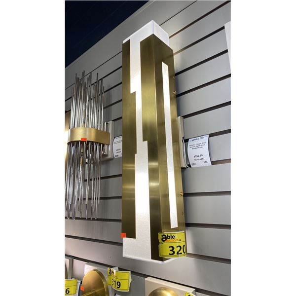 PAIR OF HUDSON VALLEY ACADIA 2 LIGHT WALL SCONCES. AGED BRASS, WHITE SHADE. 26"L RETAIL $1100