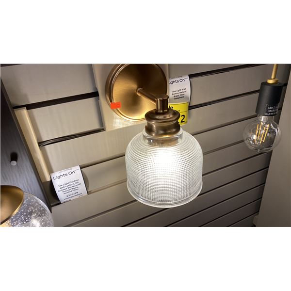 GROUP OF 3 SINGLE LIGHT WALL SCONCES. NATURAL BRASS, CLEAR HALOPHANE
