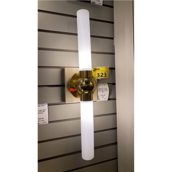 PAIR OF ROBERT ABBY DAPHNE 2 LIGHT WALL SCONCES. MODERN BRASS, WHITE FROSTED GLASS. 23"H RETAIL