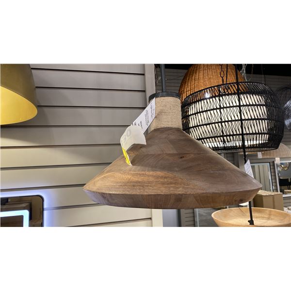 JACOB SINGLE LIGHT TURNED WOOD PENDANT LIGHT. GRAY IRON AND SISAL ROPE. RETAIL $520