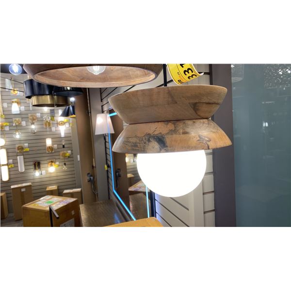 KALI SINGLE LIGHT PENDANT. NATURAL TURNED WOOD, FROSTED GLASS