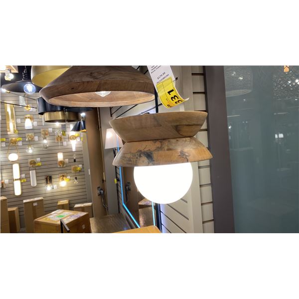 KALI SINGLE LIGHT PENDANT. NATURAL TURNED WOOD, FROSTED GLASS
