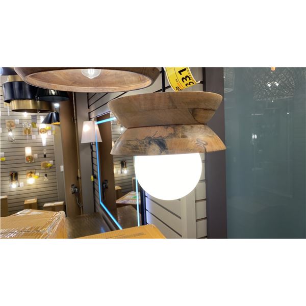 KALI SINGLE LIGHT PENDANT. NATURAL TURNED WOOD, FROSTED GLASS