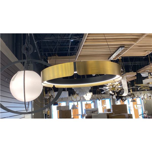 MODERNO LIGHTING LED PENDANT. AGED BRASS, MATTE BLACK. 25"D RETAIL $600