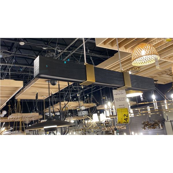 DECCA LED PENDANT. AGED BRASS WITH BLACK OAK AND WHITE MATTE GLASS. 24"L RETAIL $820