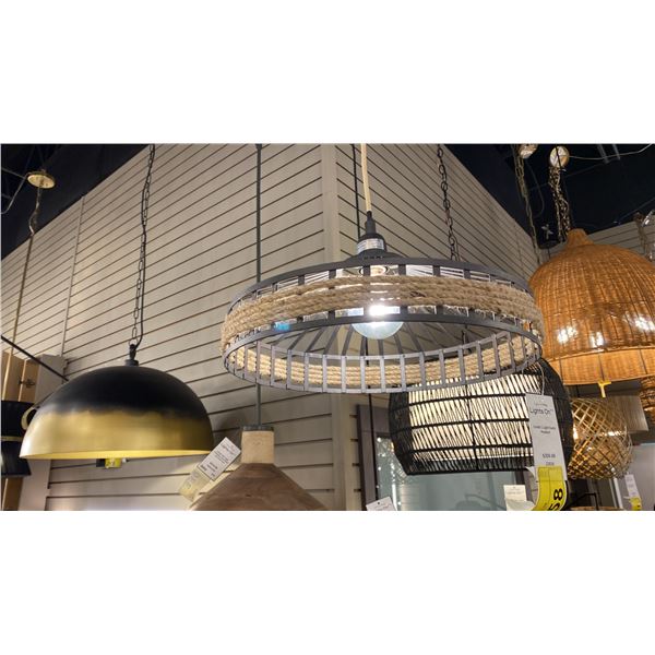 CORDA SINGLE LIGHT PENDANT. RUSTIC IRON, SISAL ROPE, 16"D