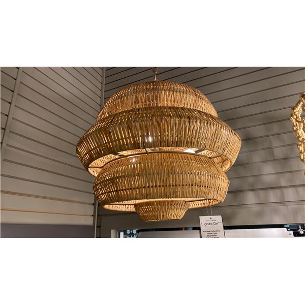 ANTIBES COLLECTION 3 LIGHT CHANDELIER. NATURAL KHAKI WICKER. 26"D RETAIL $3340