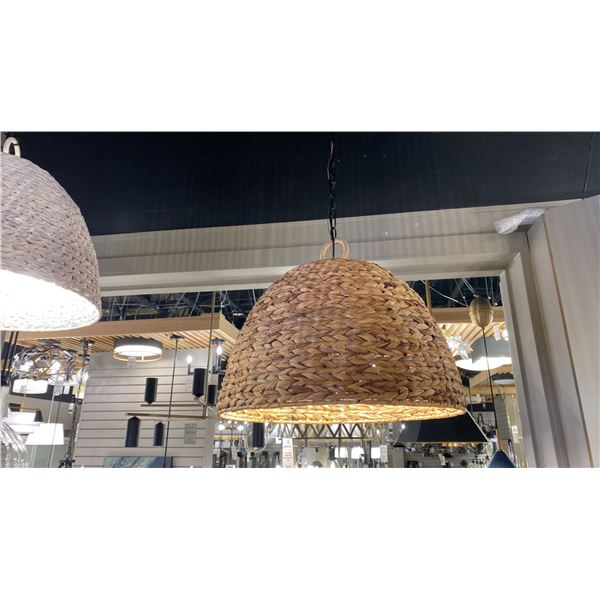 RU 5 LIGHT PENDANT LAMP. MATTE BLACK WITH WOVEN SWEETGRASS. 21"D RETAIL $1000