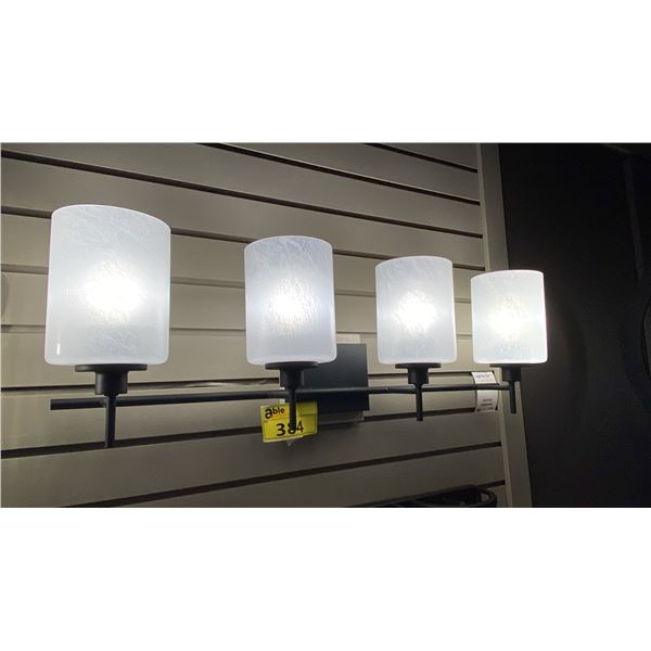4 LIGHT BATHROOM VANITY. MATTE BLACK, WHITE STRIE GLASS. 30"W RETAIL $380