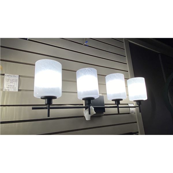 4 LIGHT BATHROOM VANITY. MATTE BLACK, WHITE STRIE GLASS. 30"W RETAIL $380