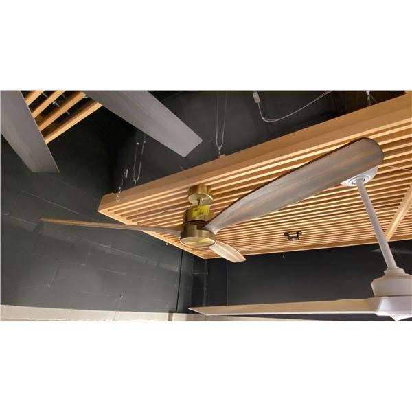 65"D RENI SMART FAN. REMOTE. AGED BRASS, WALNUT STAINED WOOD BLADES.