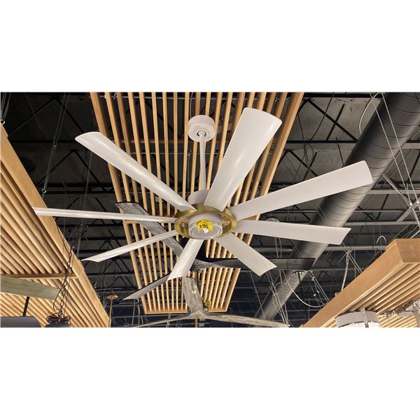60" 8 BLADE AURA FAN. CLEAR GLASS LIGHT LENS. BRASS RING, SOFT WHITE FINISH. REMOTE CONTROL.