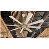 Image 1 : 60" 8 BLADE AURA FAN. CLEAR GLASS LIGHT LENS. BRASS RING, SOFT WHITE FINISH. REMOTE CONTROL.