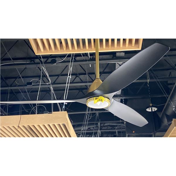 62" CEILING FAN. SOFT BRASS WITH MATTE BLACK BLADES, REMOTE. SMART FAN