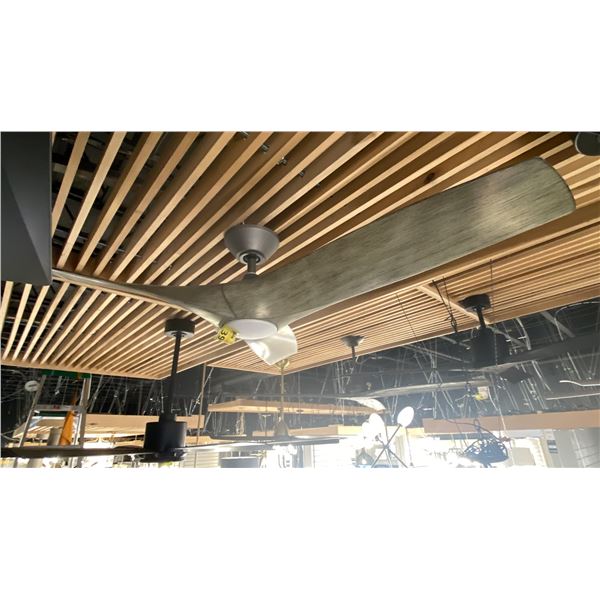 60" CEILING FAN. WOODGRAIN GREY/BLACK, PEWTER BASE, IVORY LENS, REMOTE