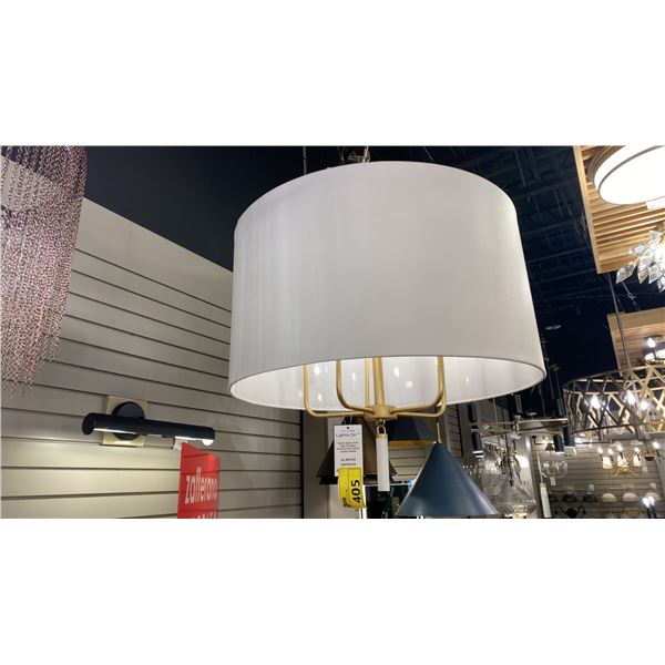 SECRET AGENT 5 LIGHT PENDANT CHANDELIER. PAINTED GOLD, WHITE LEATHER. 30"D. RETAIL $1860