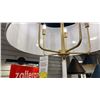 Image 2 : SECRET AGENT 5 LIGHT PENDANT CHANDELIER. PAINTED GOLD, WHITE LEATHER. 30"D. RETAIL $1860