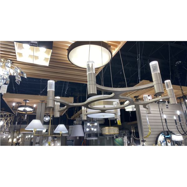 NEXUS LED CHANDELIER. SATIN SILVER LEAF. CLEAR GLASS. 28"D. RETAIL $3900