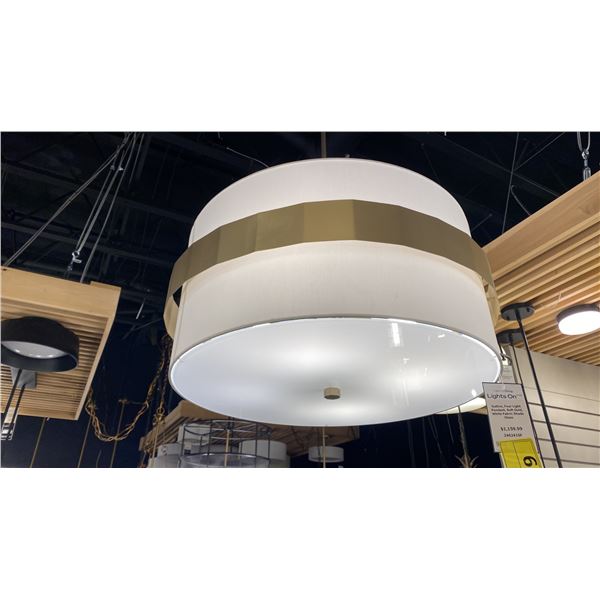SUTTON 4 LIGHT PENDANT. SOFT GOLD, WHITE FABRIC SHADE, OPAQUE WHITE LENS. 25"D. RETAIL $1160