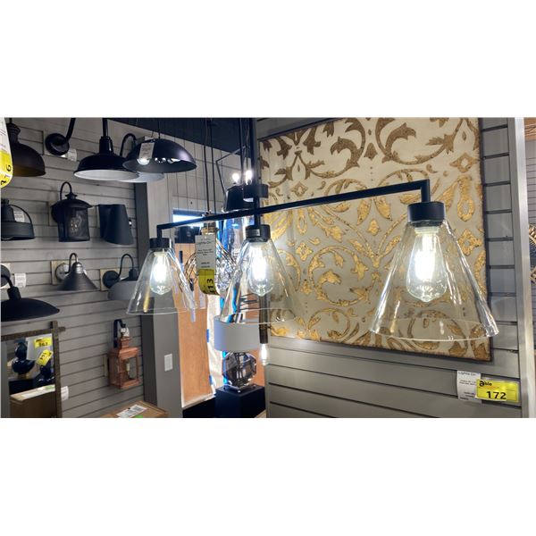 MERA 3 LIGHT PENDANT. BLACK AND CLEAR GLASS. 38"L