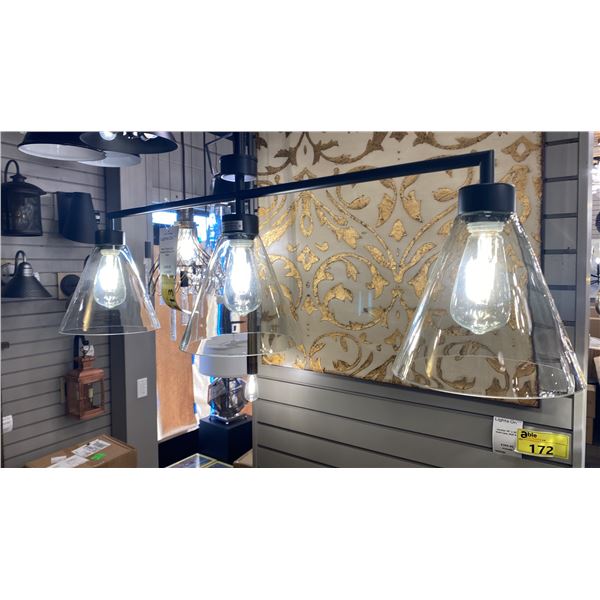 MERA 3 LIGHT PENDANT. BLACK AND CLEAR GLASS. 38"L