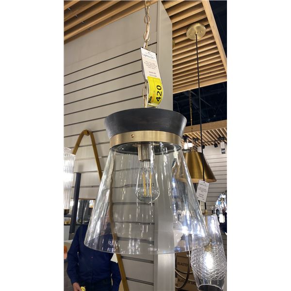 FINN SINGLE LIGHT PENDANT. BLACK STAIN TURNED WOOD, MATTE BRASS, CLEAR GLASS. 12"D