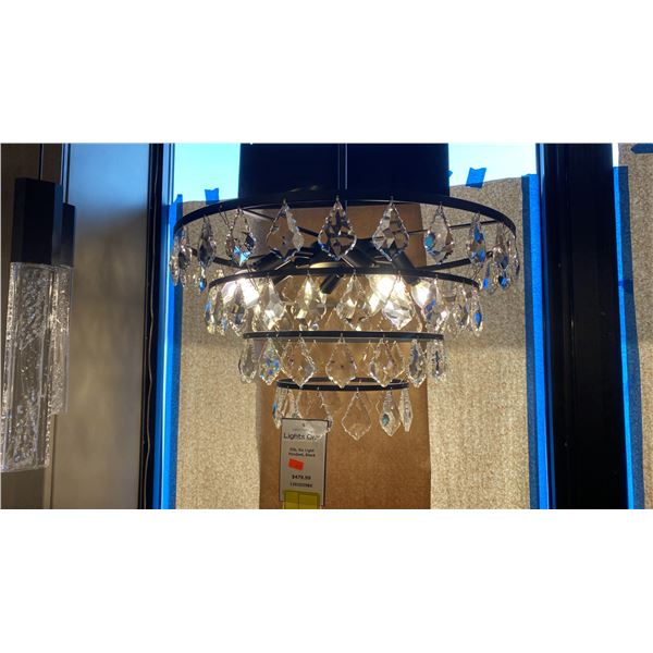 GROUP OF 3 X ELLA 6 LIGHT PENDANT. BLACK AND CRYSTAL. 20"D RETAIL $1500