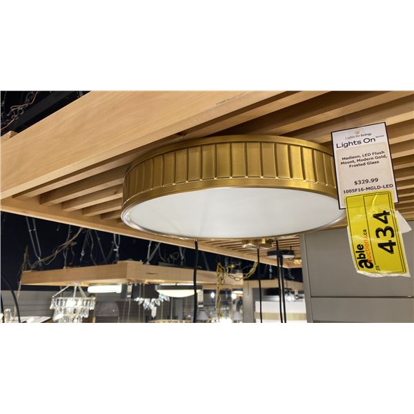 MADISON LED FLUSH MOUNT. MODERN GOLD, FROSTED GLASS. 16"D RETAIL $330