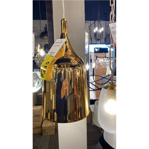GROUP OF 4 GOLD PENDANT LAMPS. 3 IN BOX. 8"D. RETAIL $1040